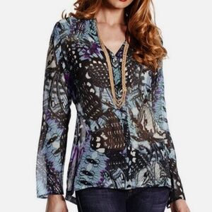 Marciano Blouse Silk Fairy Butterfly print Abstract Sheer Blue Black XS